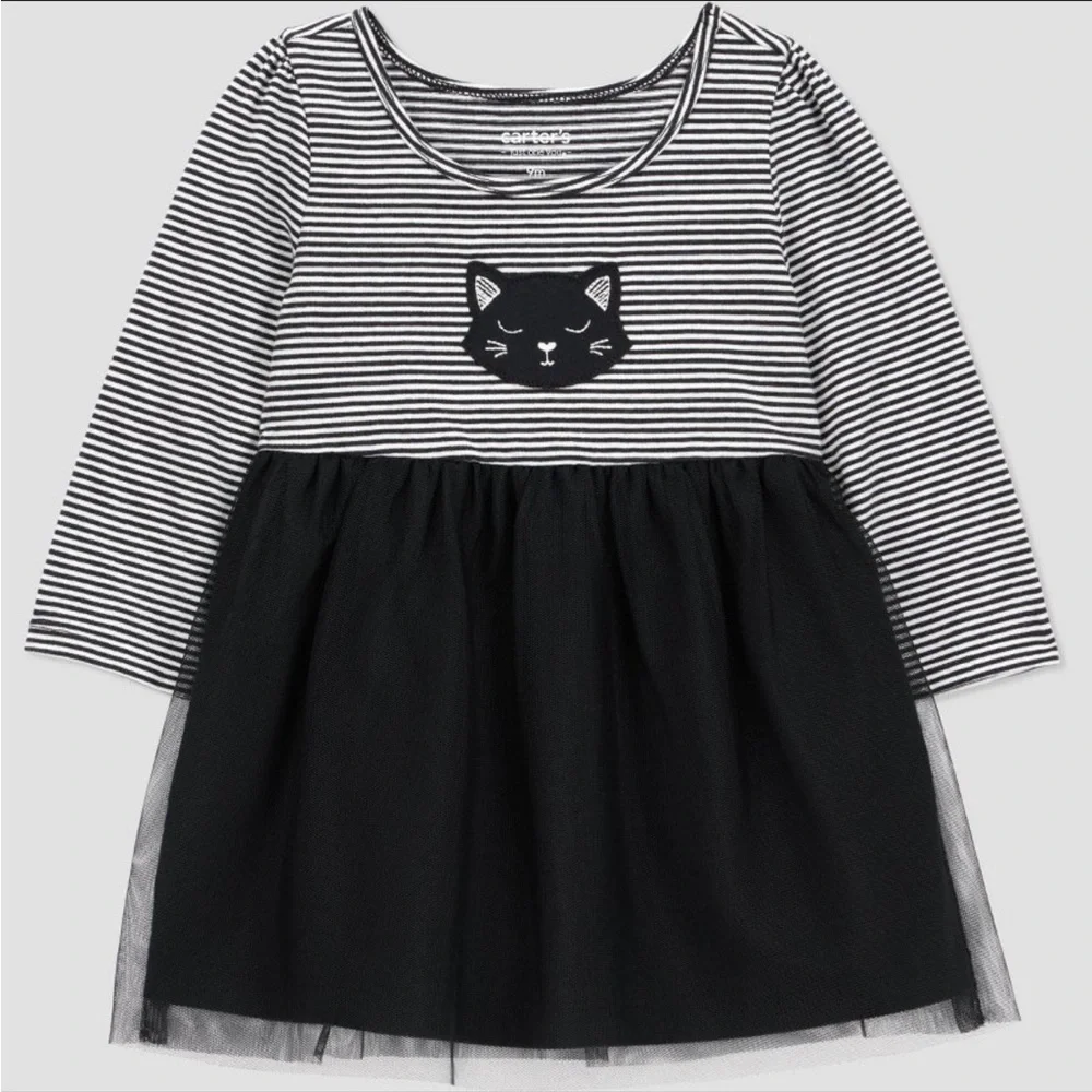🖤 NWT Striped Cat Dress w/ Tulle Skirt & Diaper Cover - Carter’s - 6M 🖤